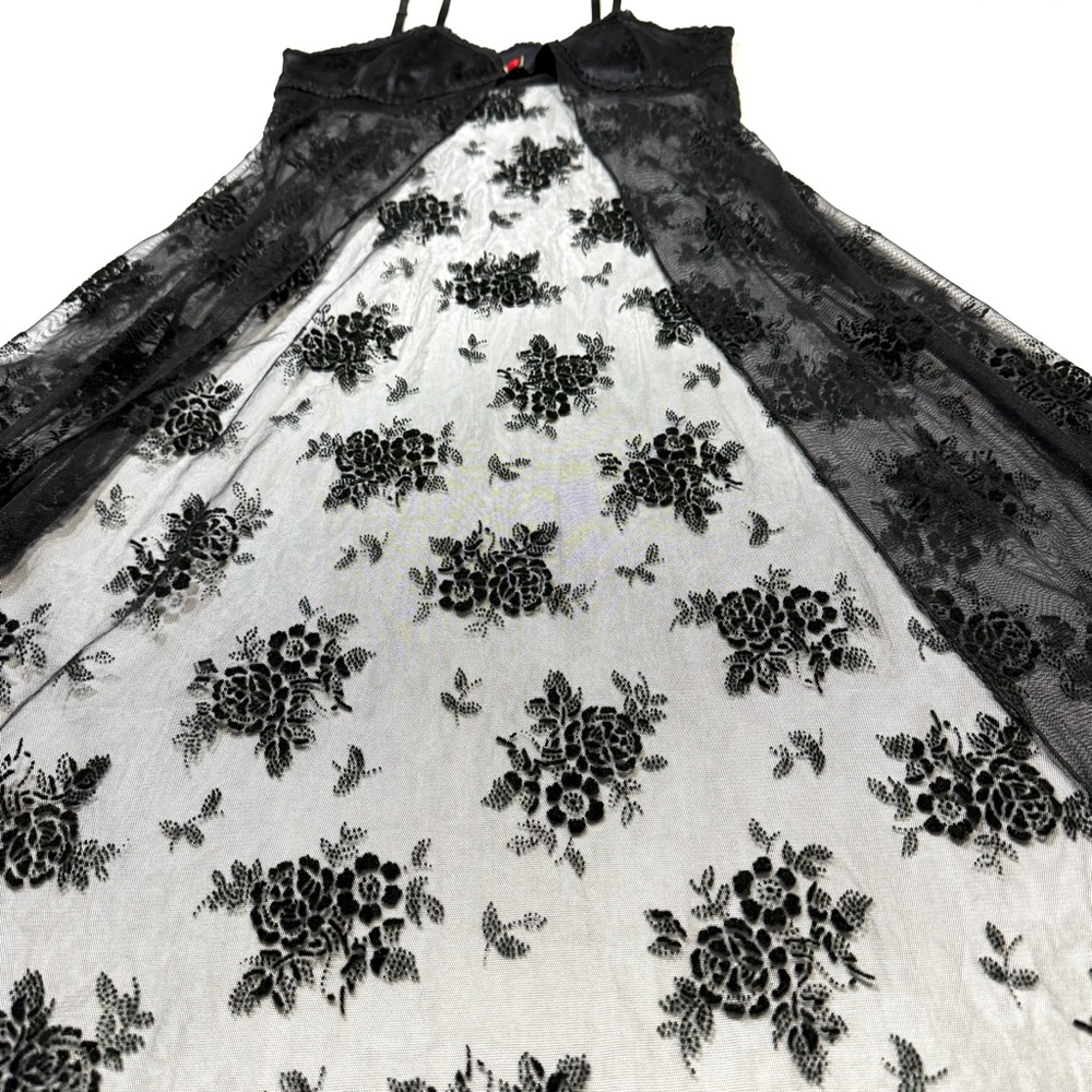 Sheer Black Velvet Floral Lace Slip Maxi Dress Rose Bow Whimsygoth Fairy Grunge - Picture 9 of 15